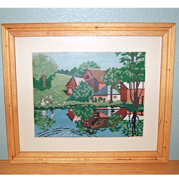 Vintage Farmhouse On The Lake Needlepoint Cross Stitch Matted and Framed 20x17" - Picture 1 of 8
